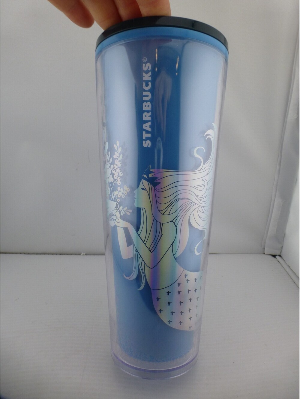 Starbucks 24 oz Blue Iridescent Mermaid Siren Tumbler Cup with Straw Cold J2